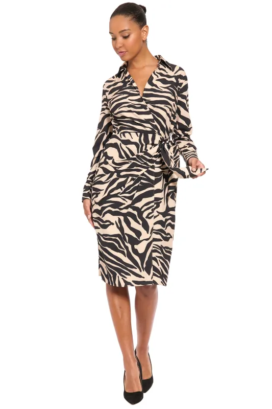 Rhea Collared Side Tie Midi in Zebra made by London Times