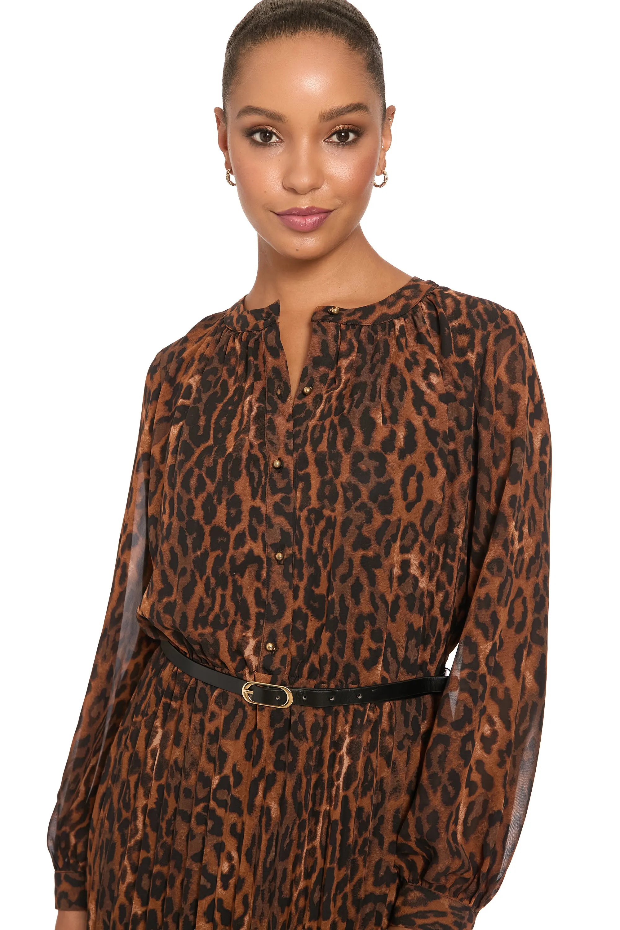 Tamsen Chiffon Pleated Shirtdress in Leopard sold by Maggy London product image thumbnail 5