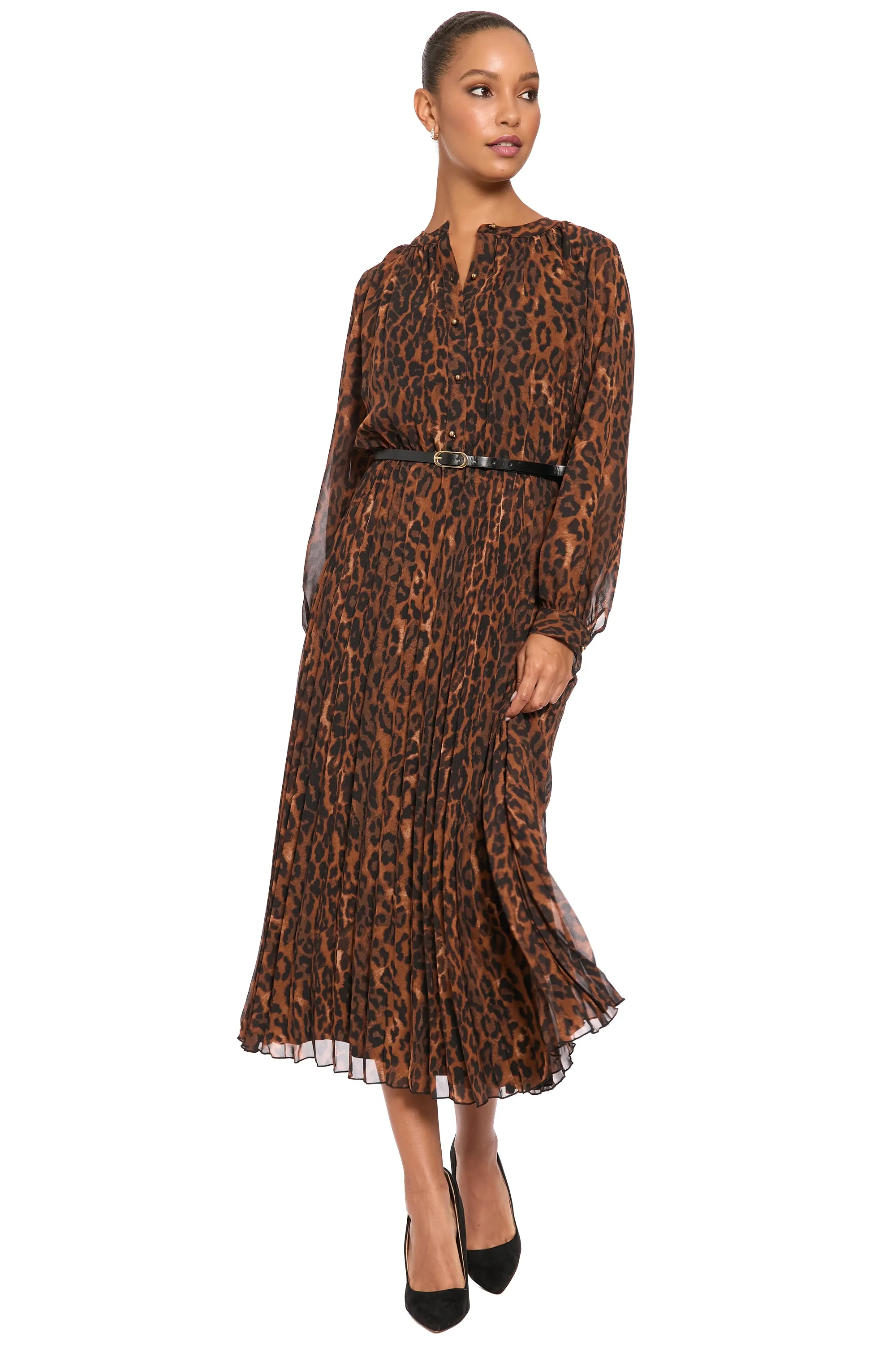 Tamsen Chiffon Pleated Shirtdress in Leopard sold by Maggy London product image thumbnail 3