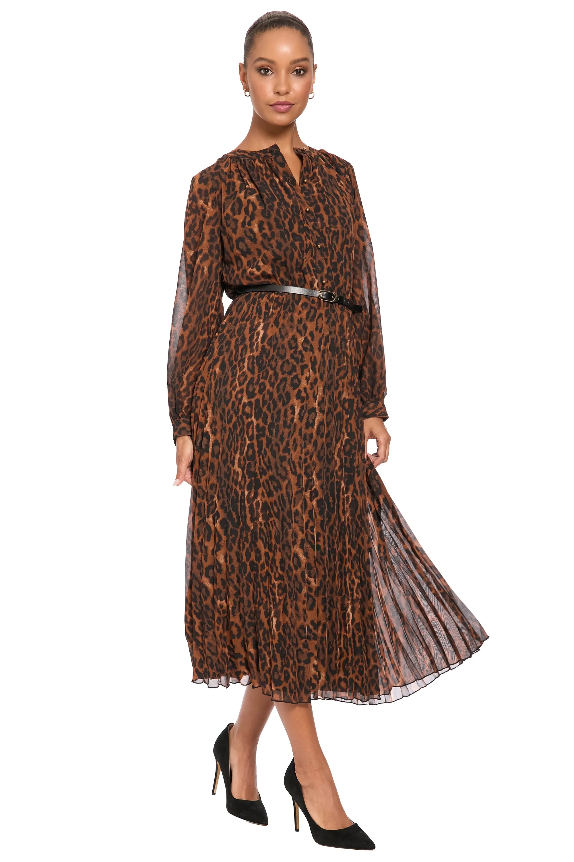 Tamsen Chiffon Pleated Shirtdress in Leopard sold by Maggy London product image thumbnail 2