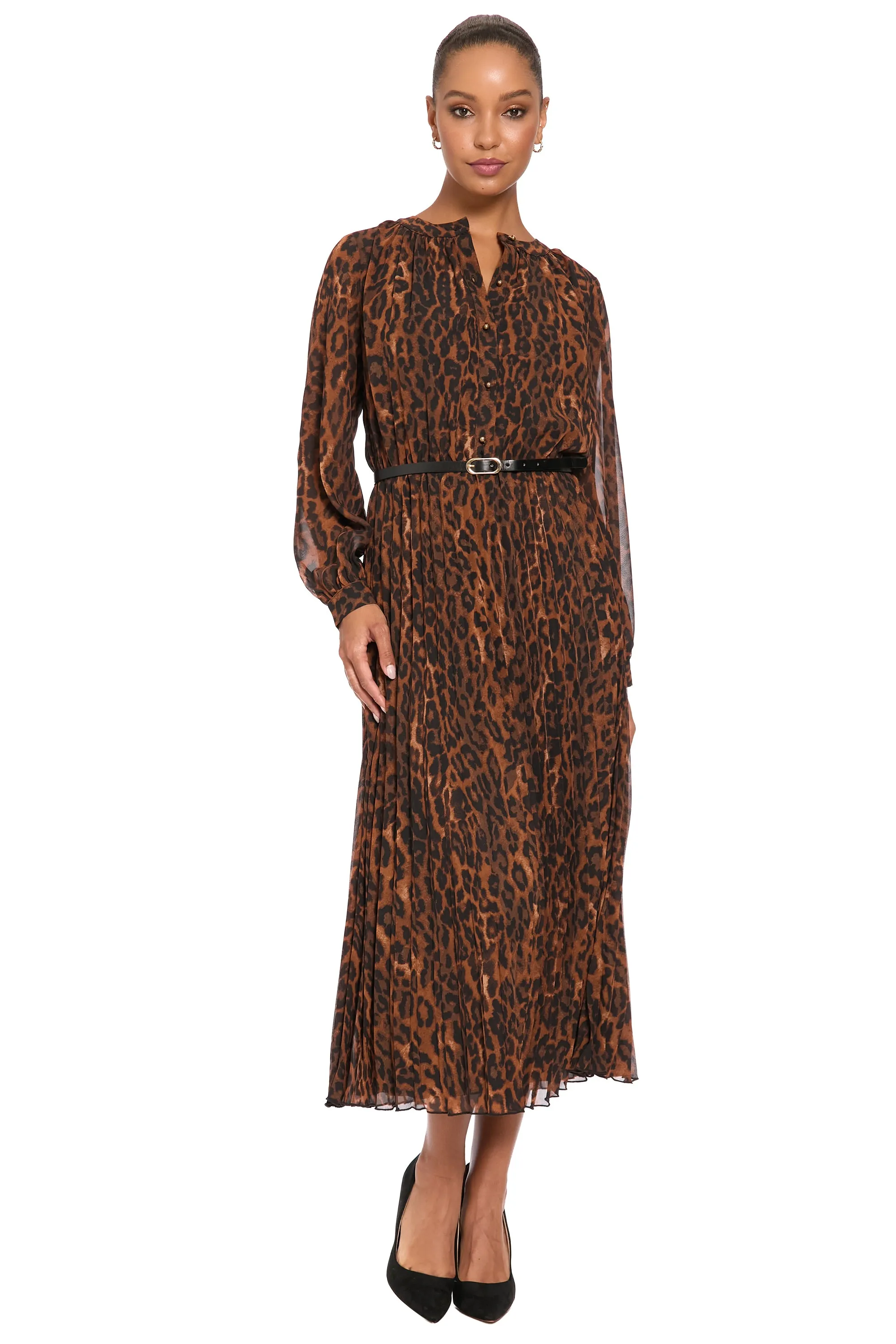 Tamsen Chiffon Pleated Shirtdress in Leopard sold by Maggy London