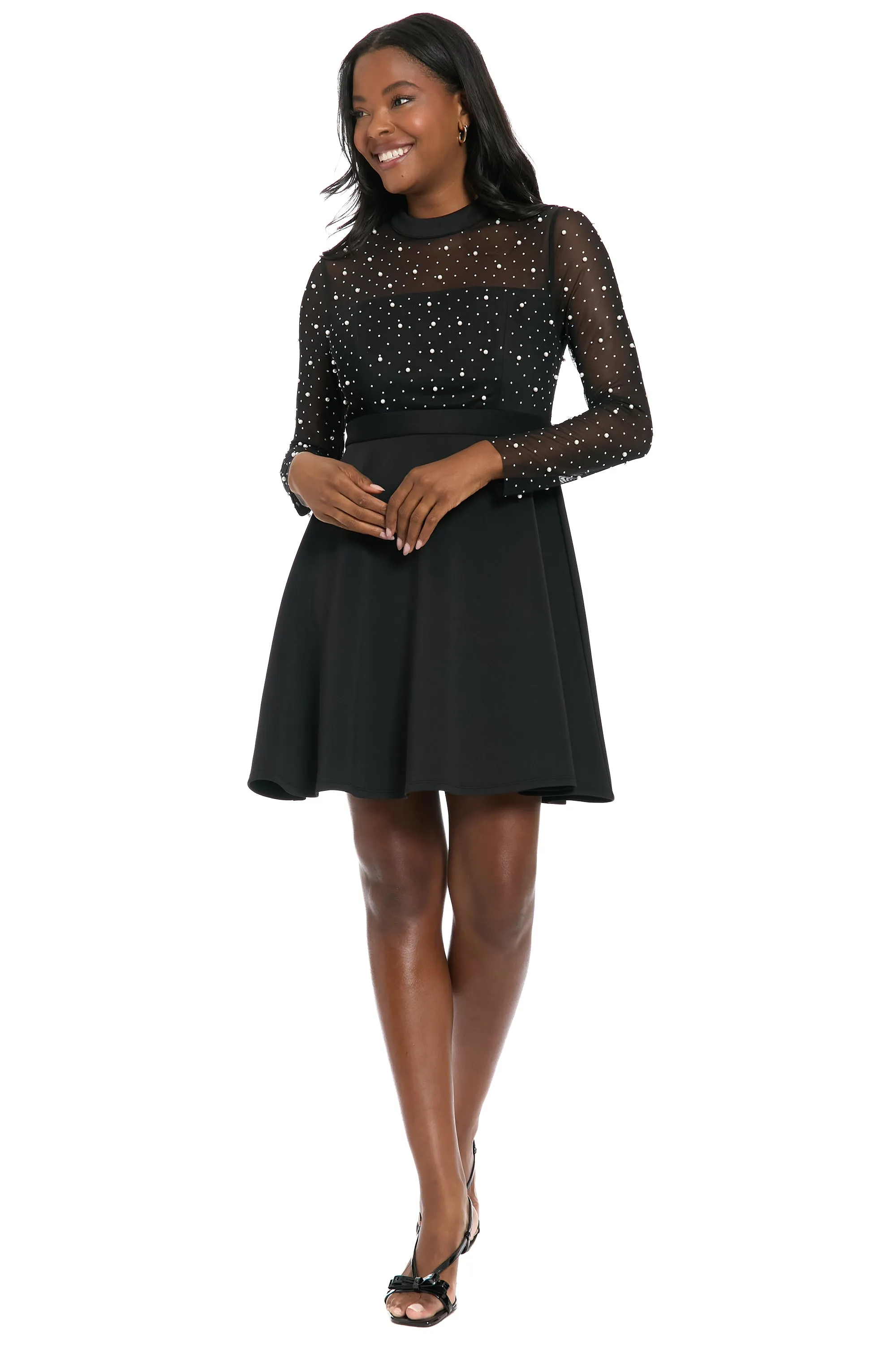 Laurenda Beaded Pearl Illusion Mesh Mini sold by Maggy London