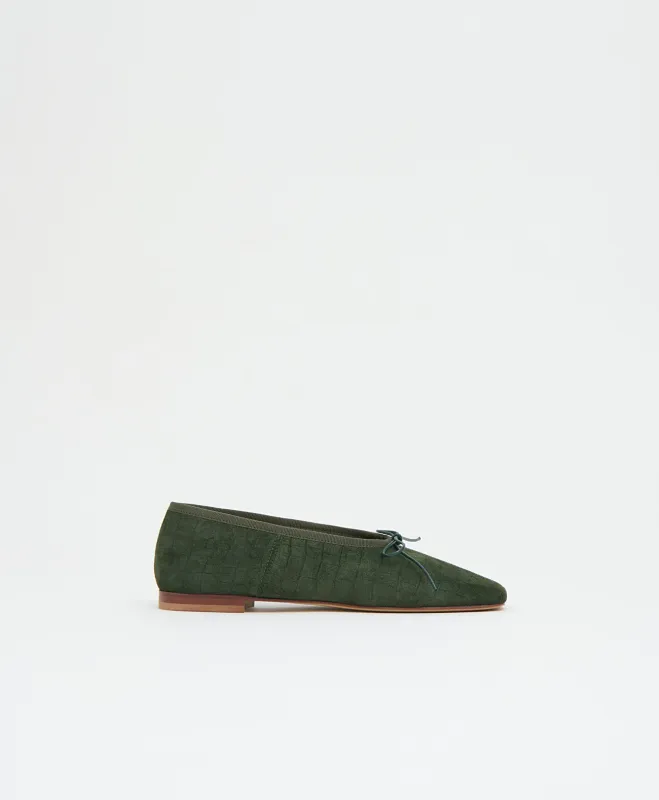 Square Toe Ballerina - Moss Suede Croc sold by Mansur Gavriel