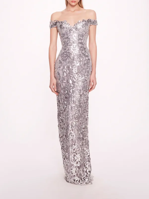 Off Shoulder Neckline Sequin Gown sold by Marchesa