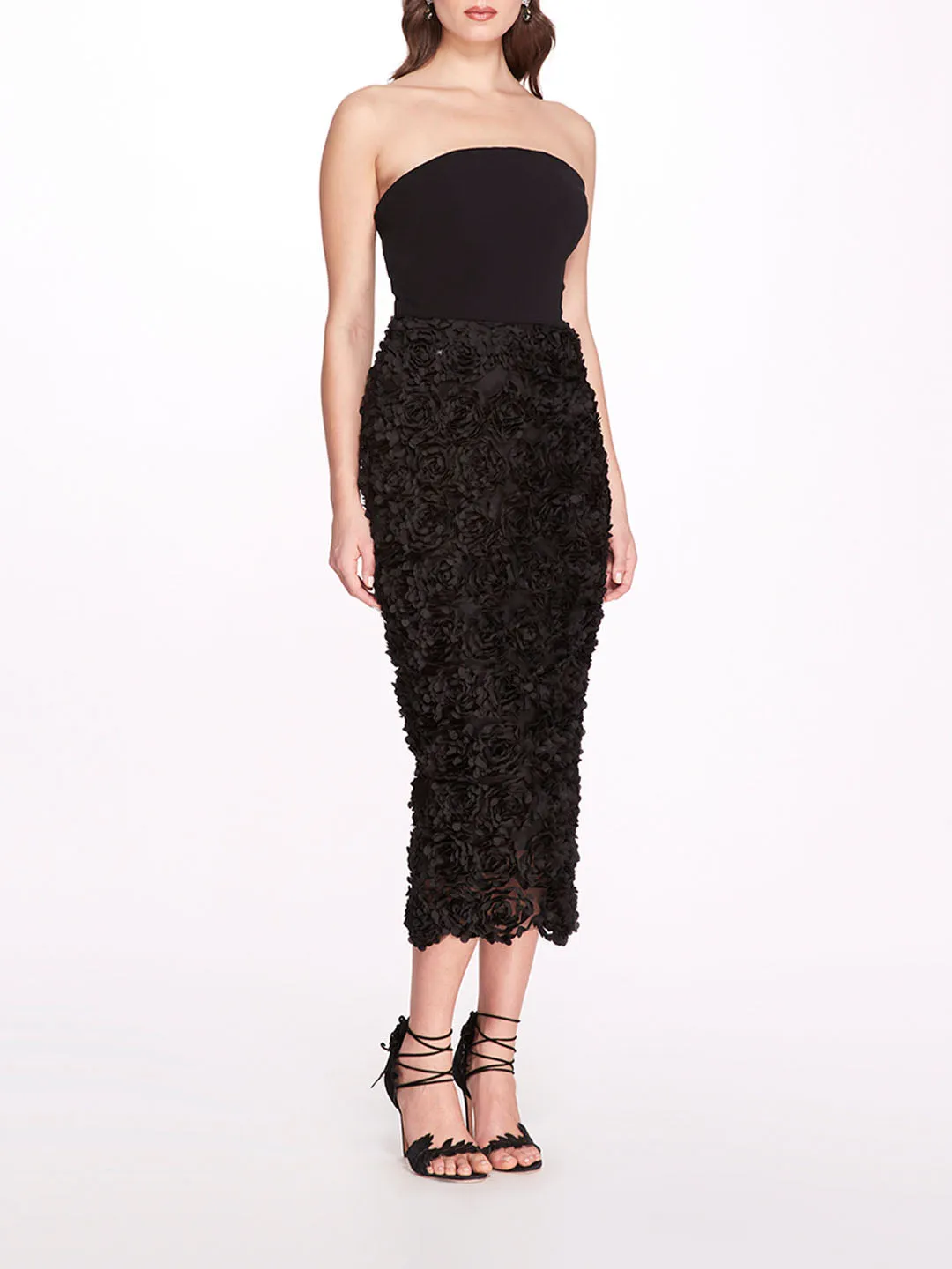 Strapless Tea-Length Rosette Pencil Dress sold by Marchesa
