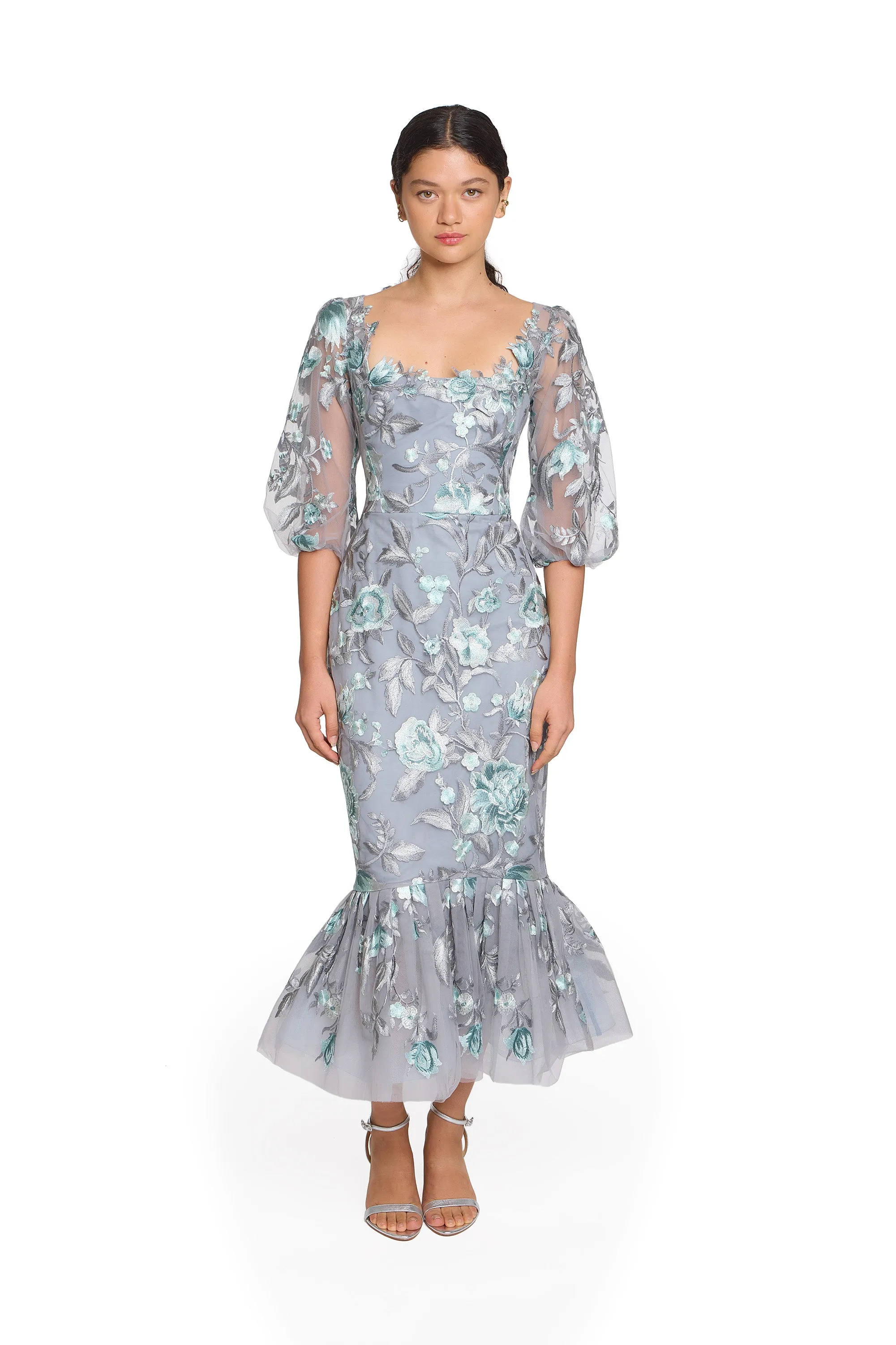 Embroidered Puff Sleeve Midi Dress sold by Marchesa
