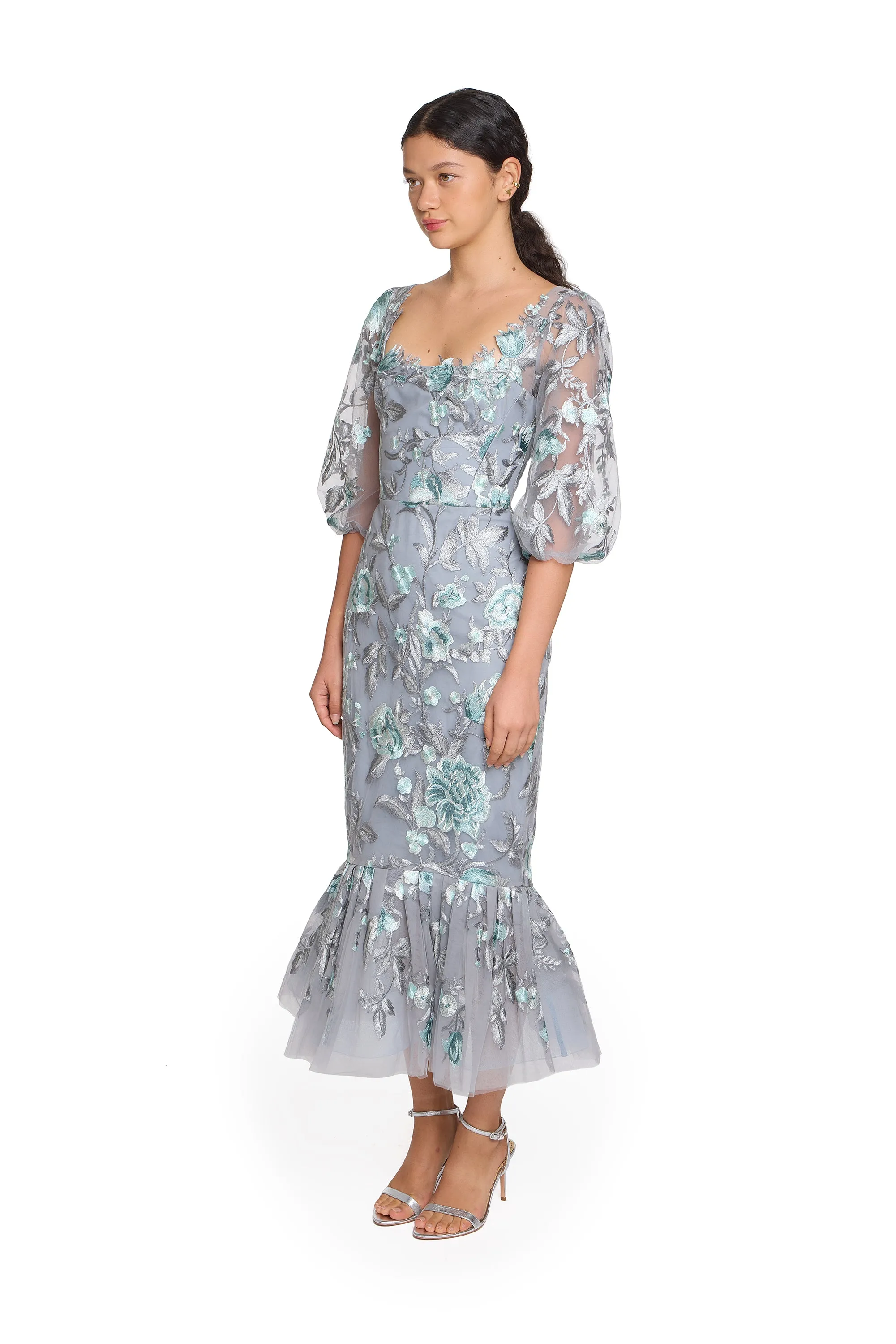 Embroidered Puff Sleeve Midi Dress sold by Marchesa product image thumbnail 2