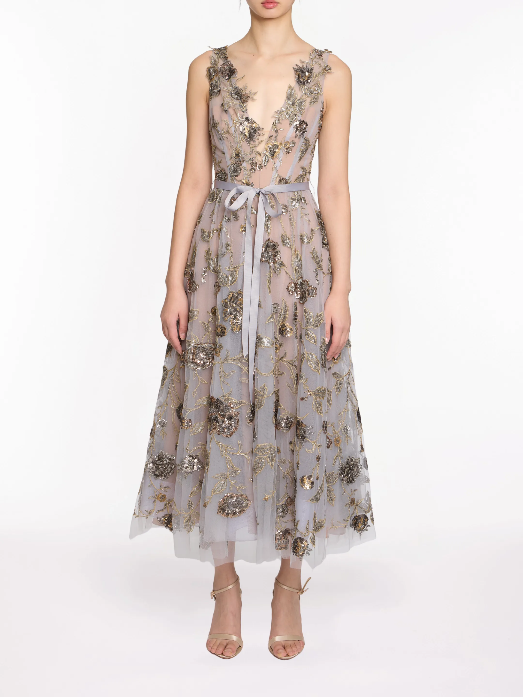 Sleeveless Embroidered Tulle Midi Dress sold by Marchesa
