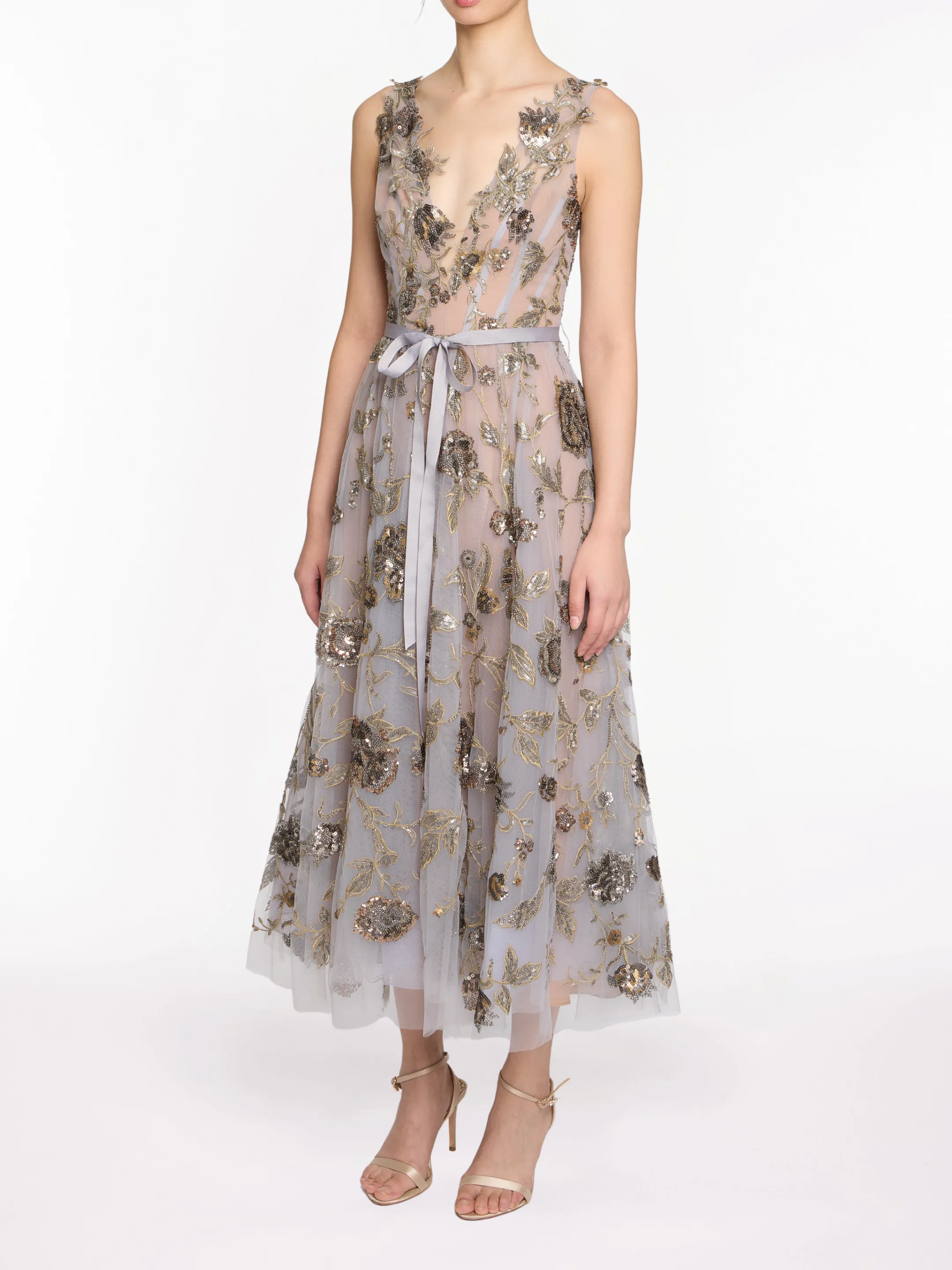 Sleeveless Embroidered Tulle Midi Dress sold by Marchesa product image thumbnail 3