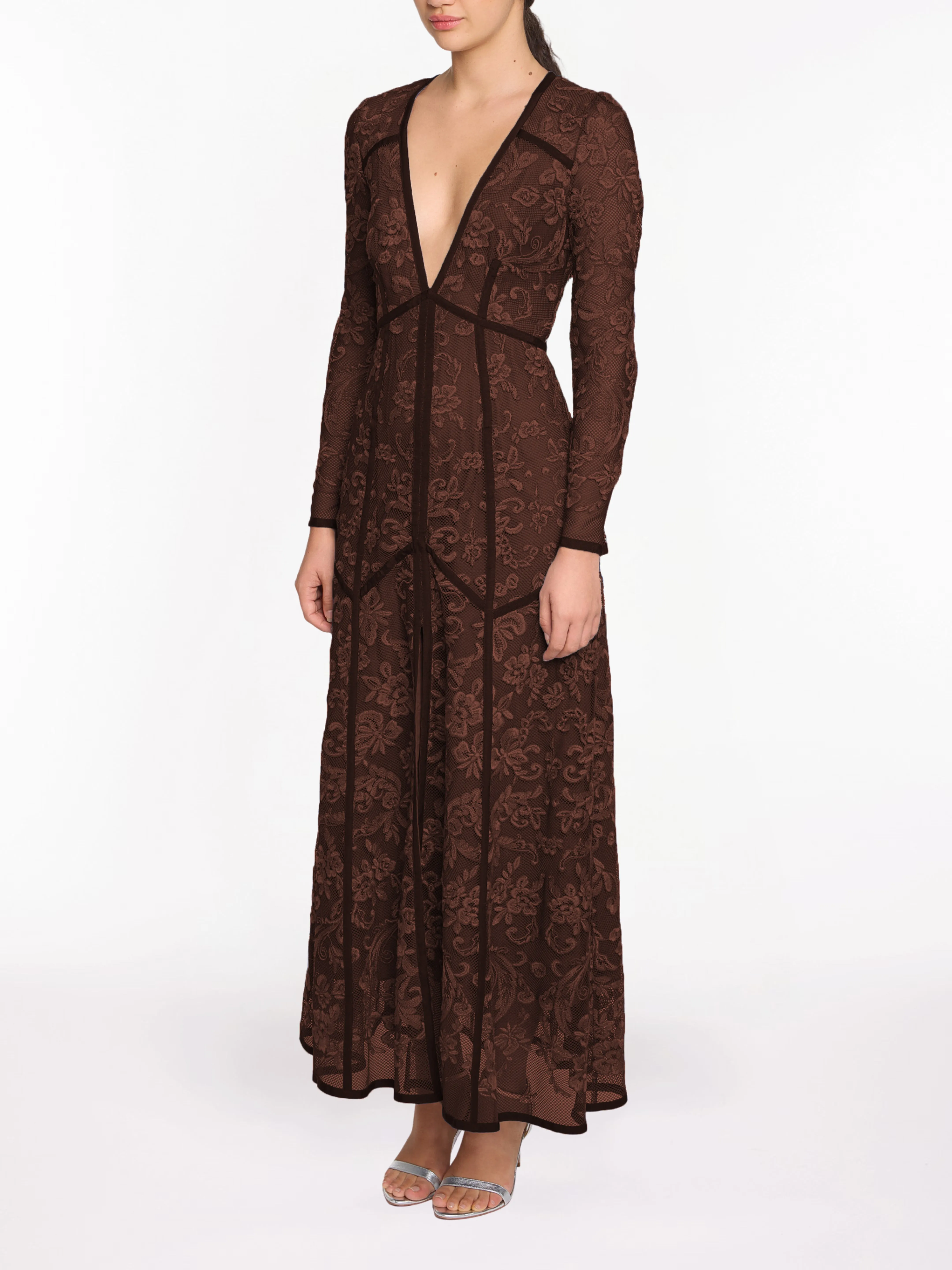 Corded Lace Deep V Button Maxi Dress sold by Marchesa product image thumbnail 3
