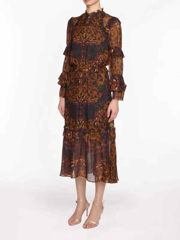 Braided Leopard Flounced Silk Chiffon Midi Dress sold by Marchesa