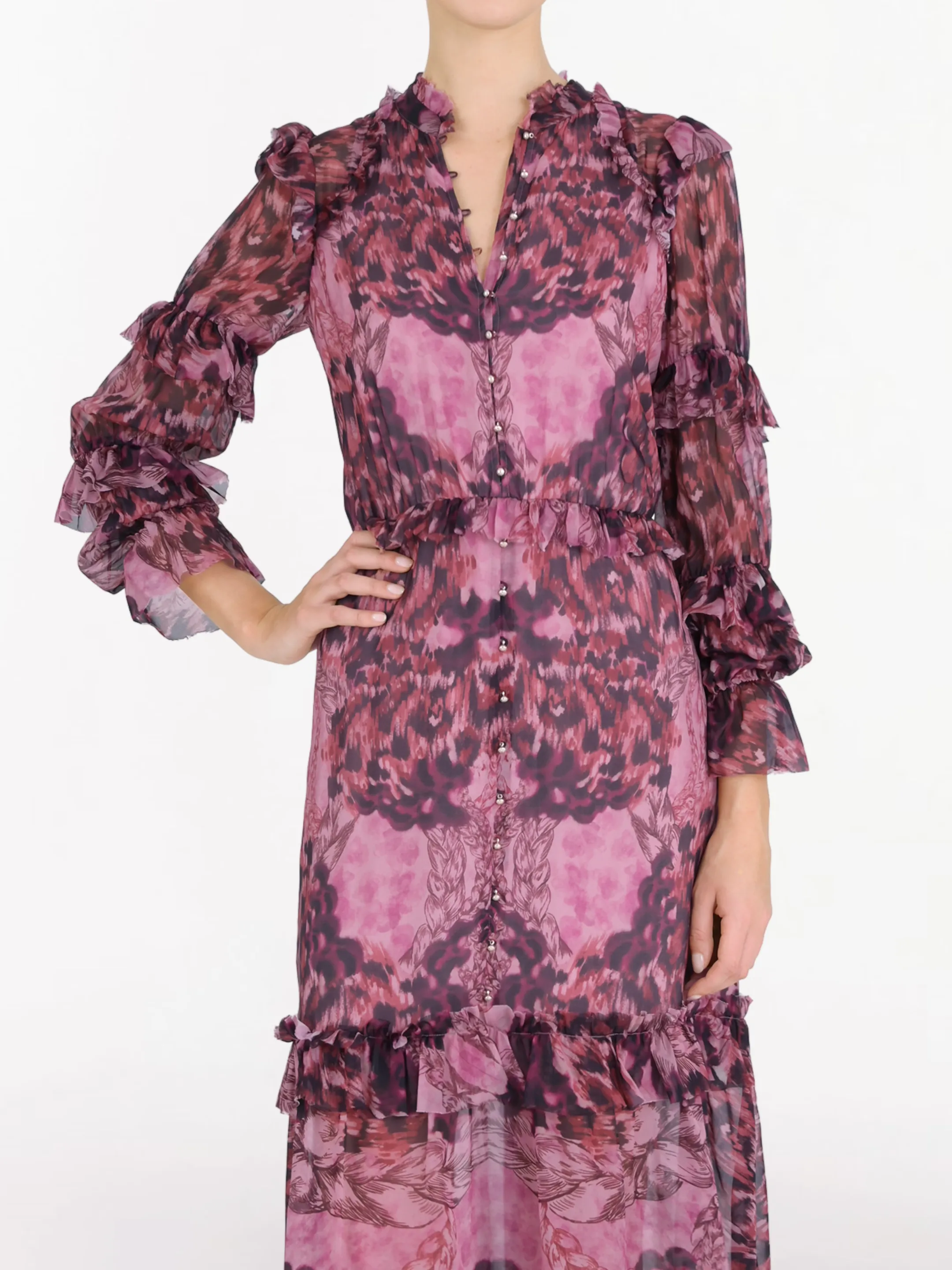 Braided Leopard Flounced Silk Chiffon Midi Dress sold by Marchesa product image thumbnail 3