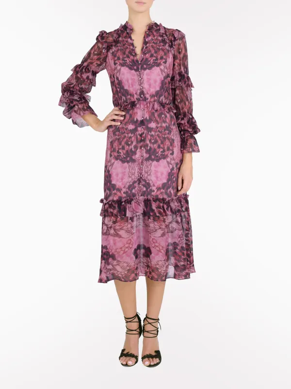 Braided Leopard Flounced Silk Chiffon Midi Dress sold by Marchesa
