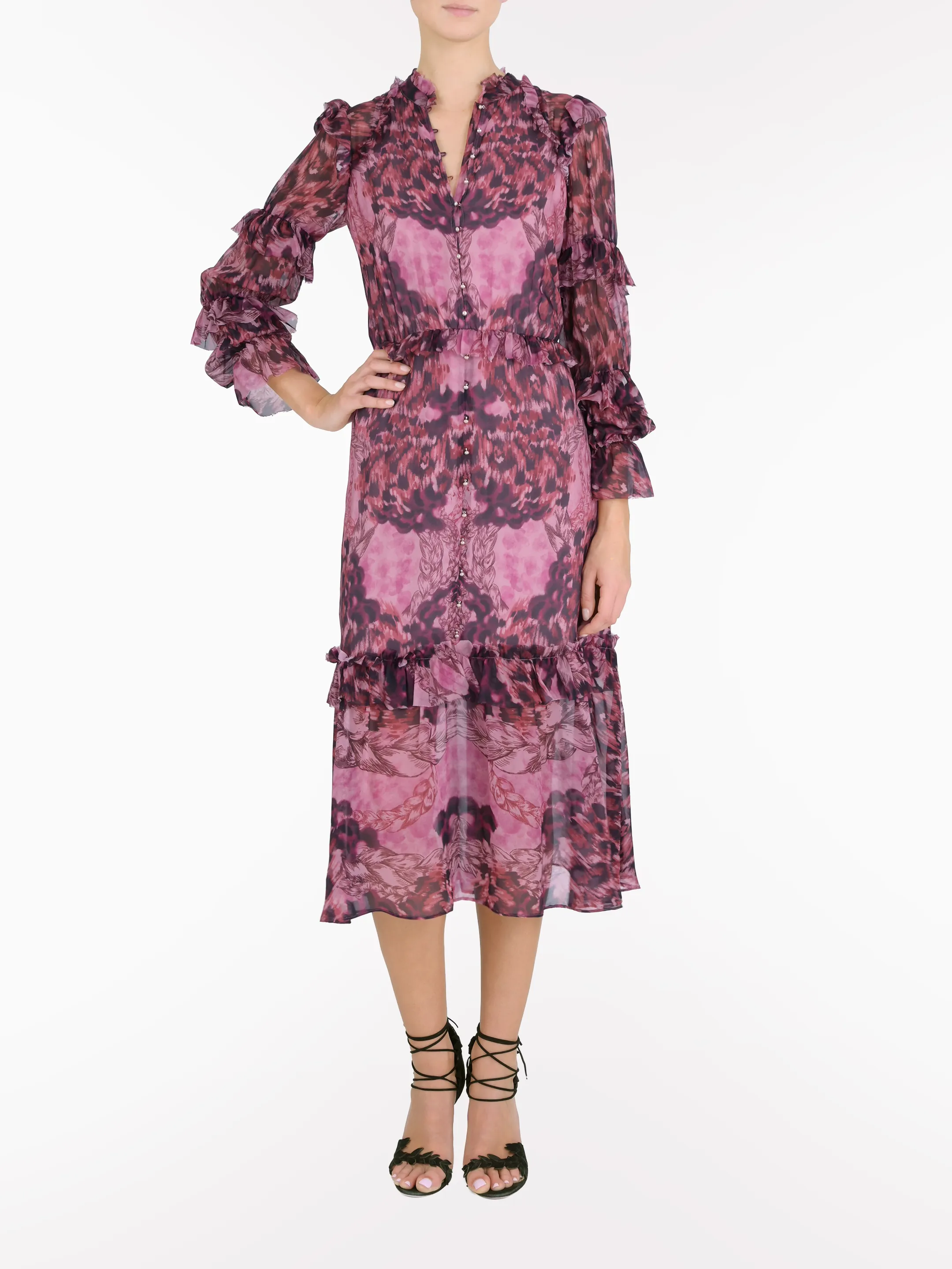 Braided Leopard Flounced Silk Chiffon Midi Dress sold by Marchesa