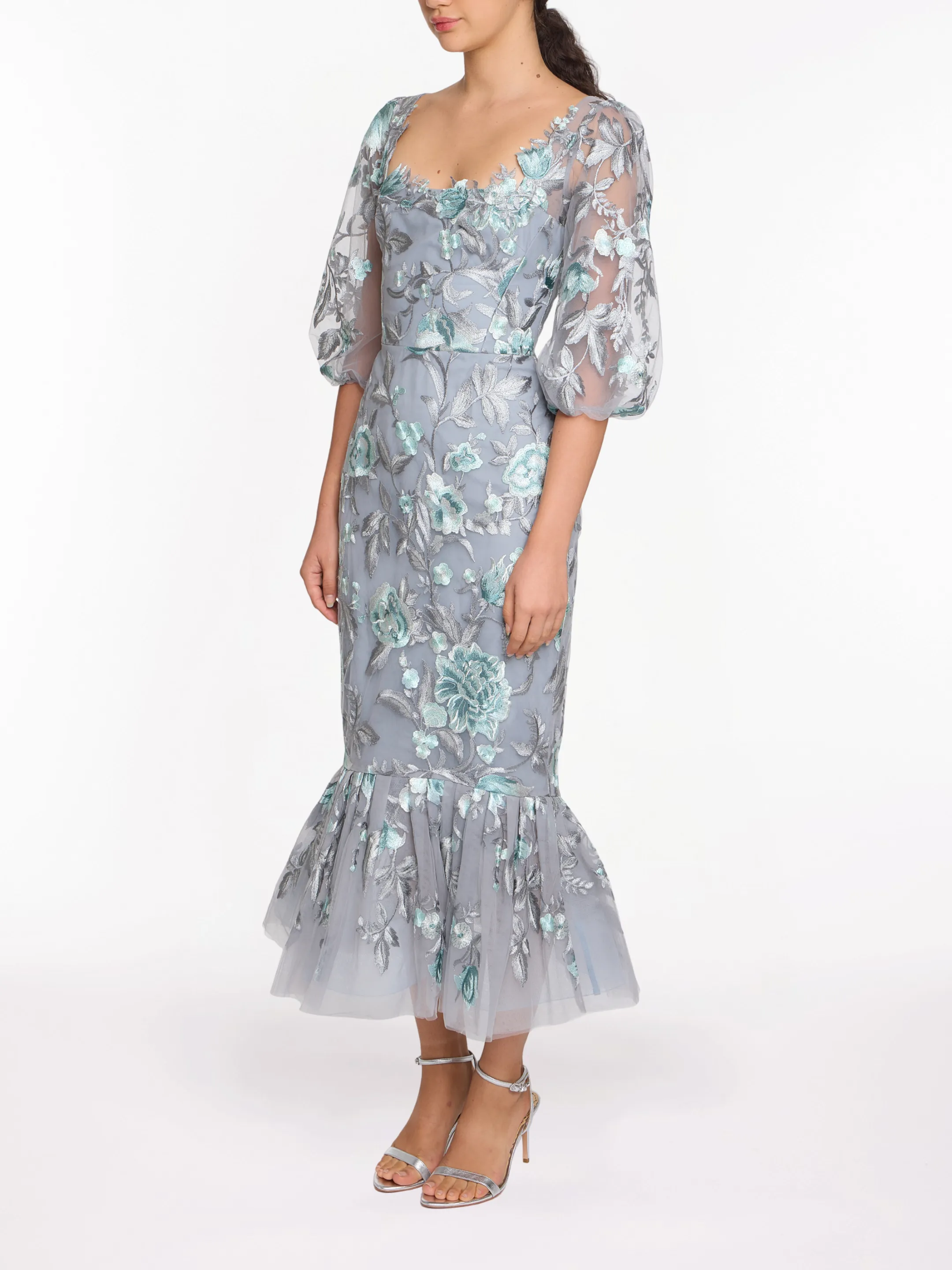 Embroidered Puff Sleeve Midi Dress sold by Marchesa product image thumbnail 3