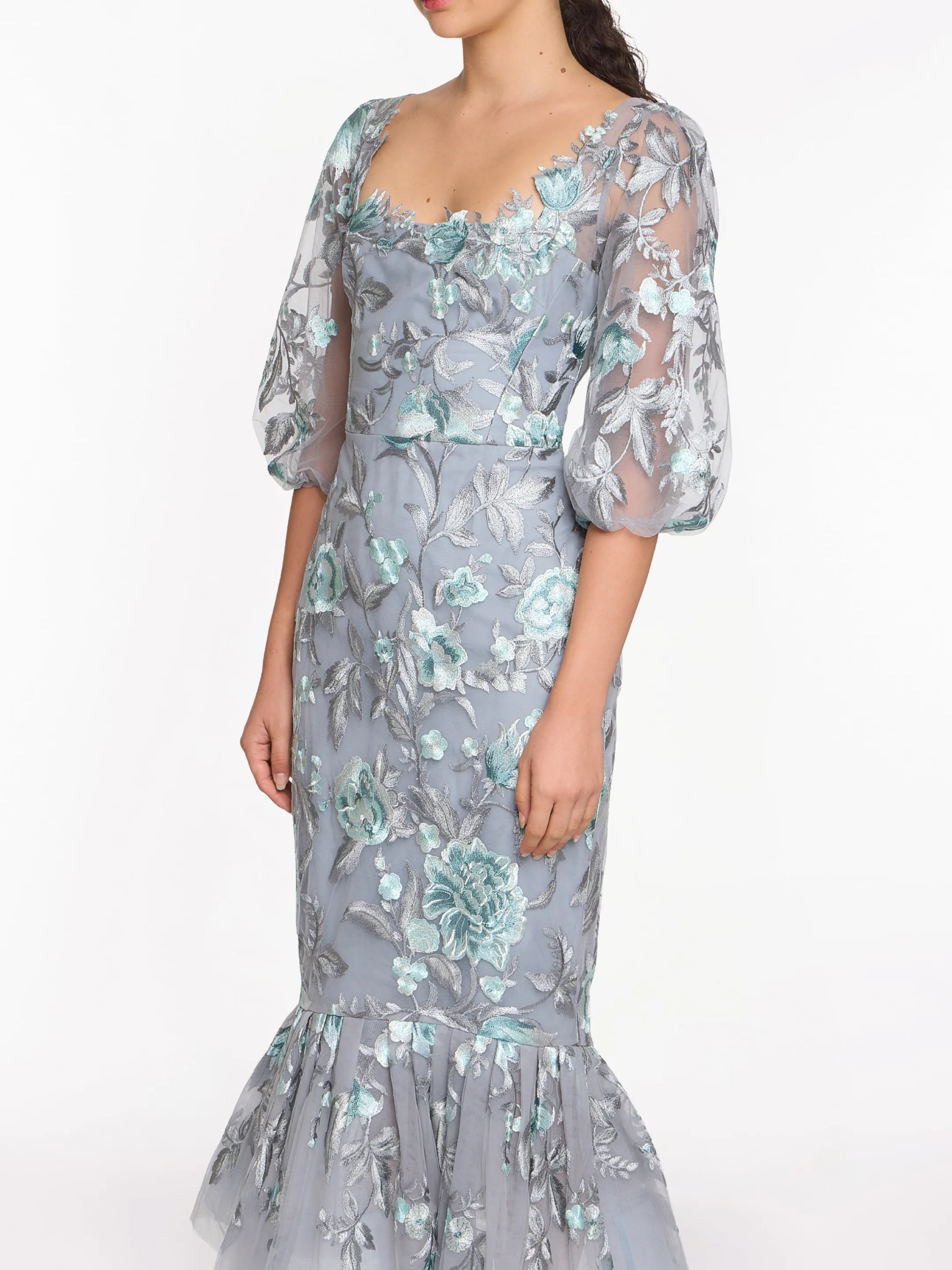 Embroidered Puff Sleeve Midi Dress sold by Marchesa product image thumbnail 4