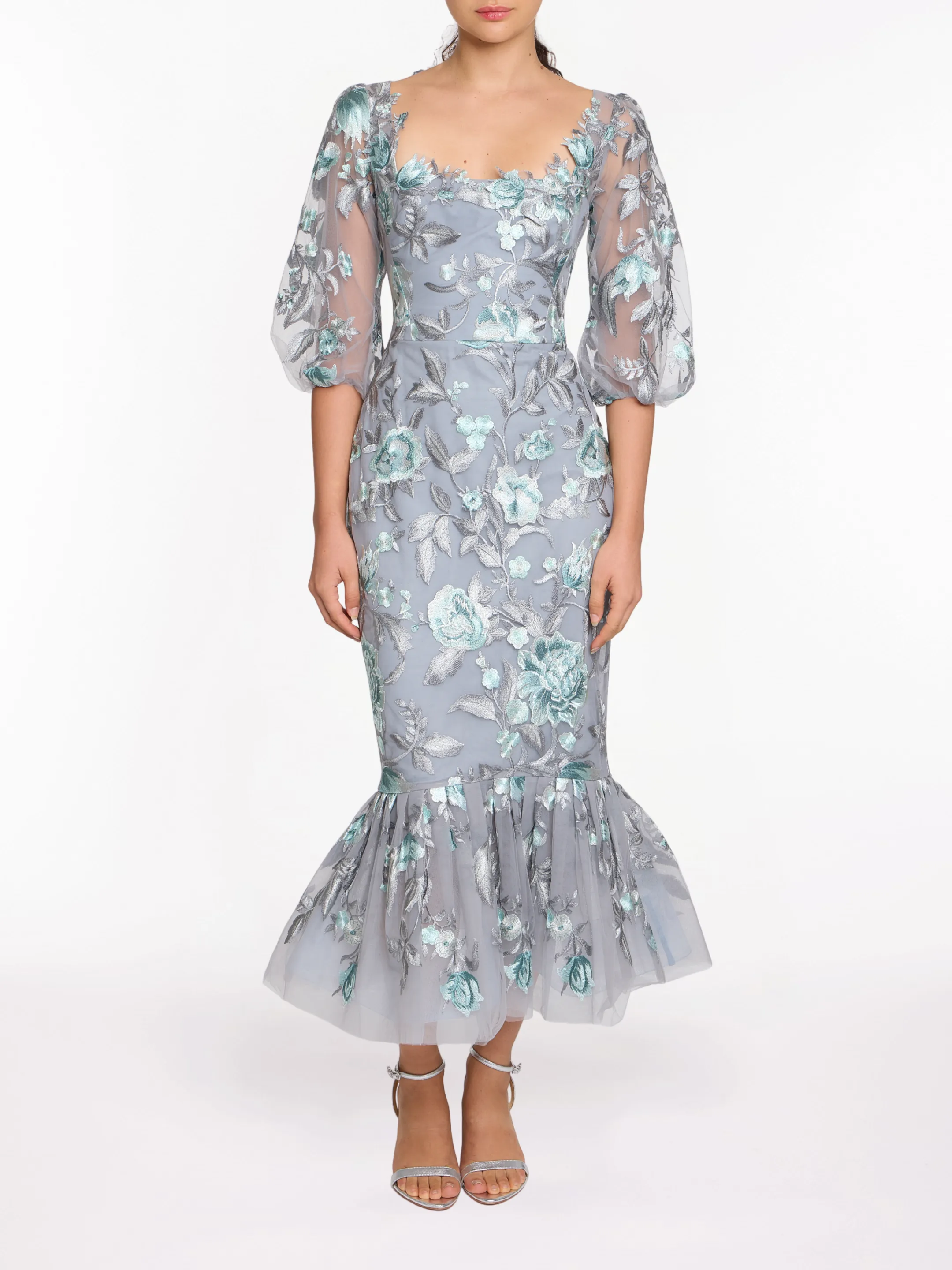 Embroidered Puff Sleeve Midi Dress sold by Marchesa