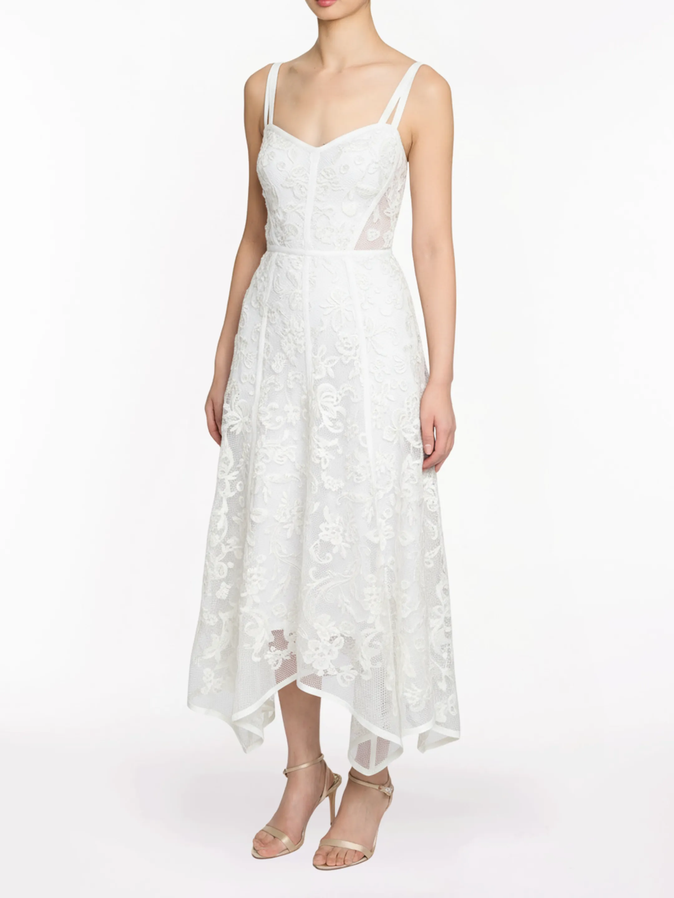 Ribbon Strap Corded Lace Handkerchief Hem Midi Dress sold by Marchesa product image thumbnail 3