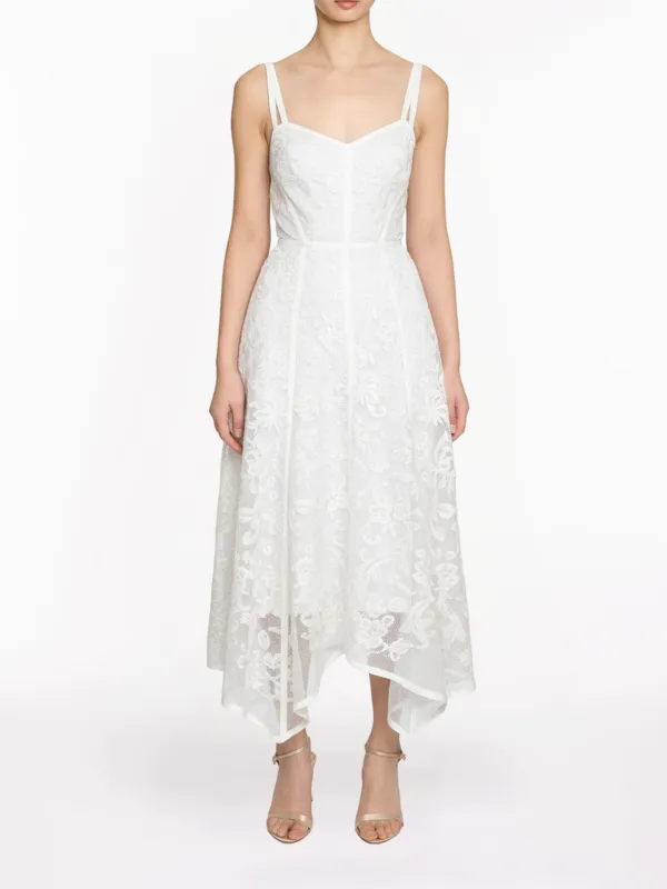Ribbon Strap Corded Lace Handkerchief Hem Midi Dress sold by Marchesa
