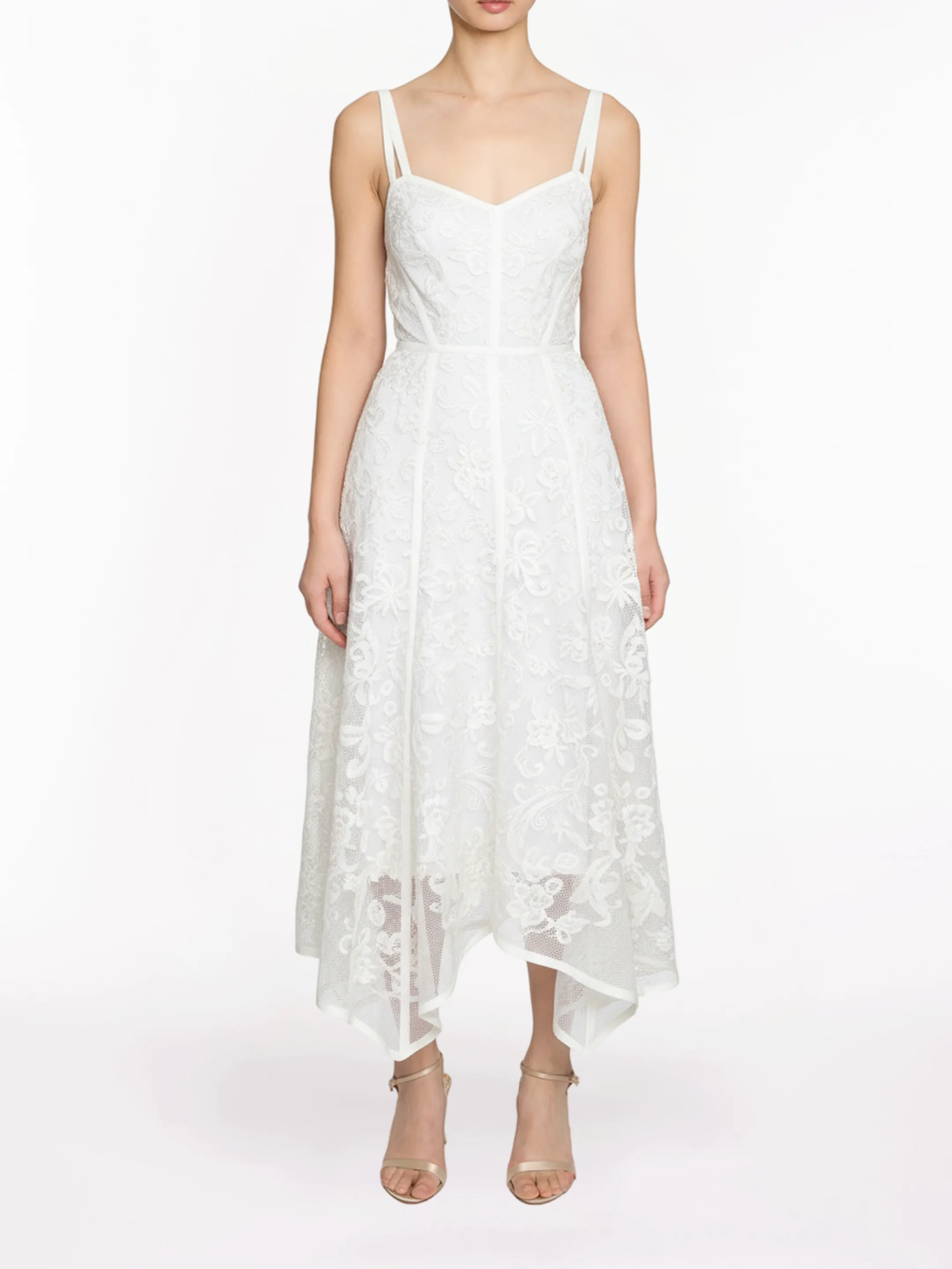 Ribbon Strap Corded Lace Handkerchief Hem Midi Dress sold by Marchesa