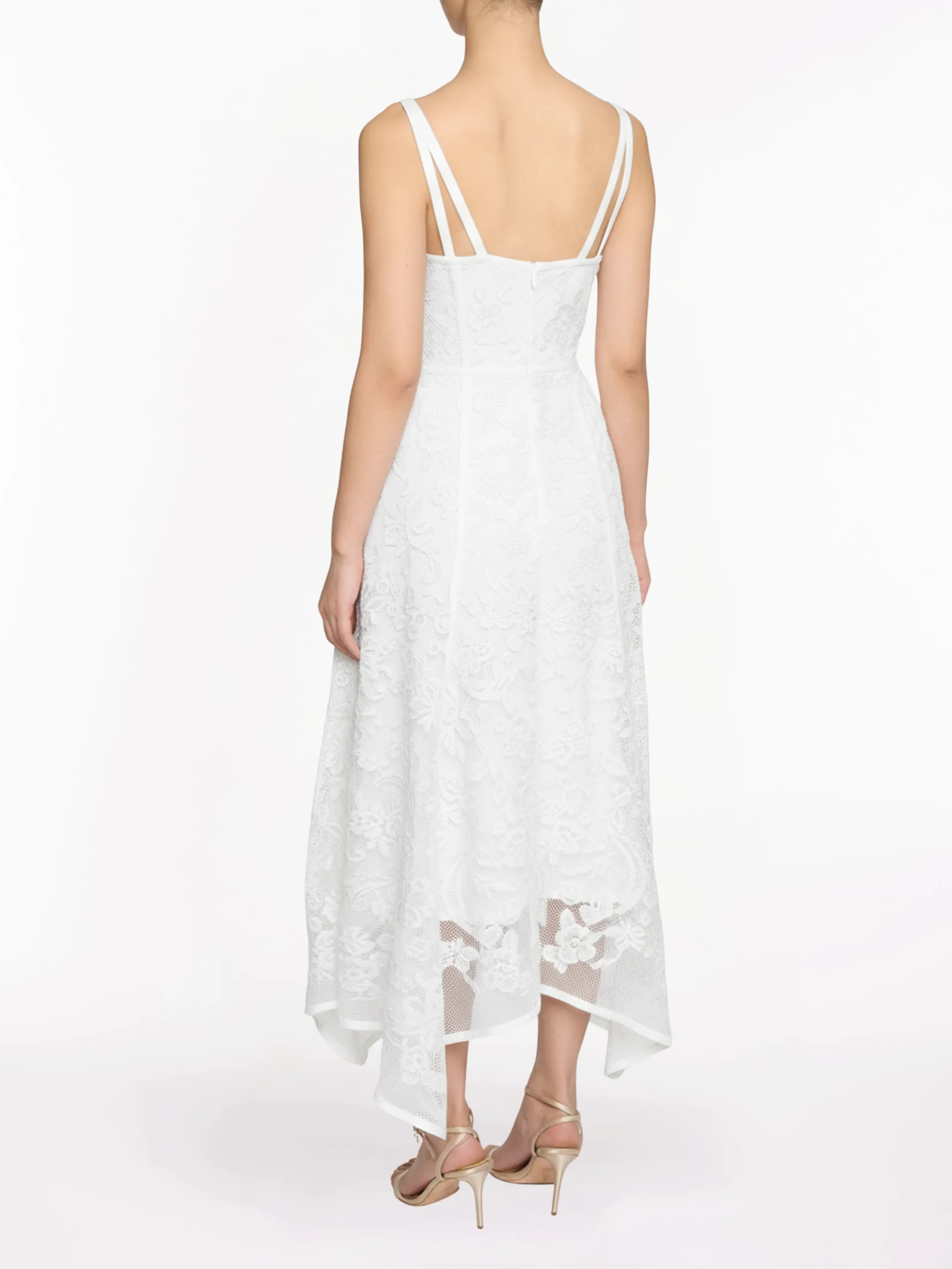 Ribbon Strap Corded Lace Handkerchief Hem Midi Dress sold by Marchesa product image thumbnail 2