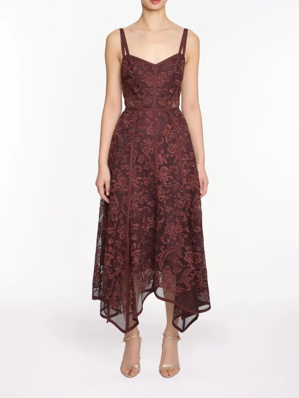 Ribbon Strap Corded Lace Handkerchief Hem Midi Dress sold by Marchesa