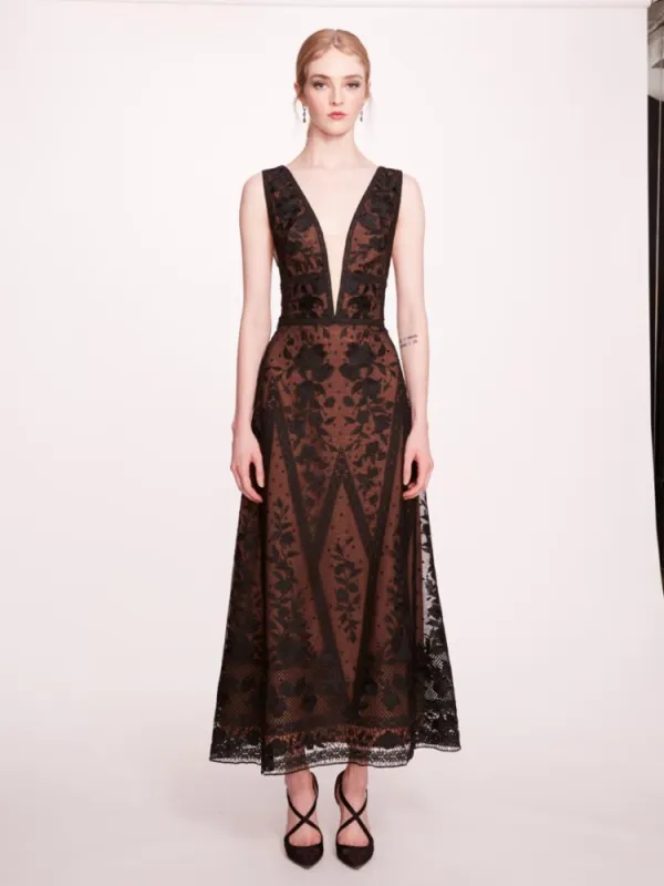 Sleeveless Deep V-neckline Spear Garden Embroidery Midi Dress sold by Marchesa