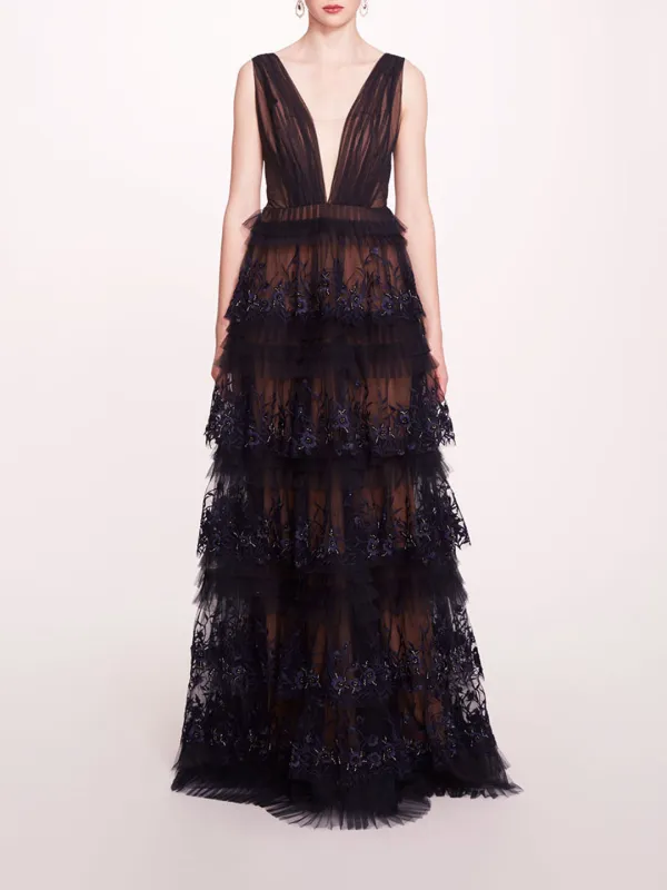Tiered Terrarium V-Neck Gown made by Marchesa