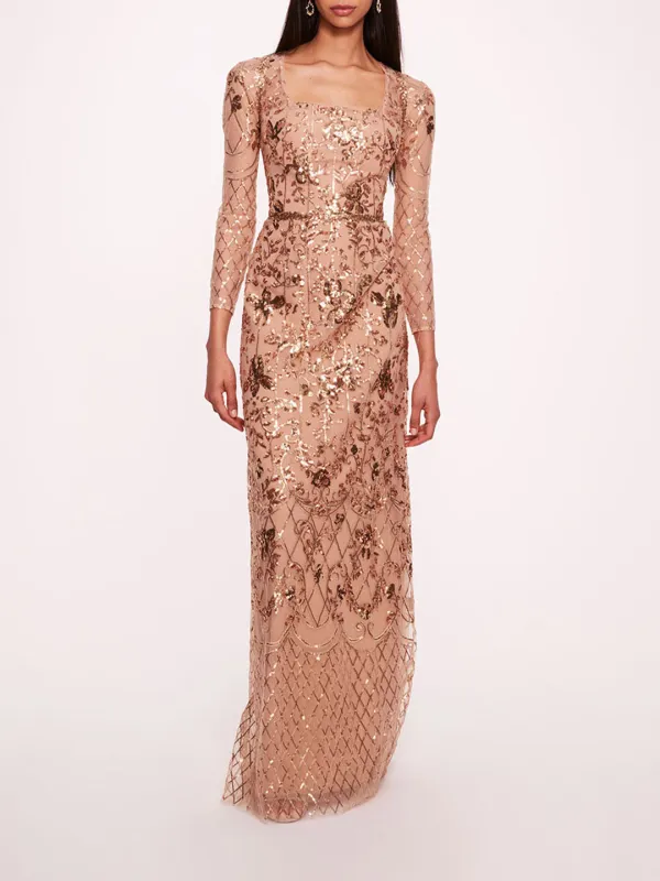 Sequin Lattice Sleeved Gown sold by Marchesa