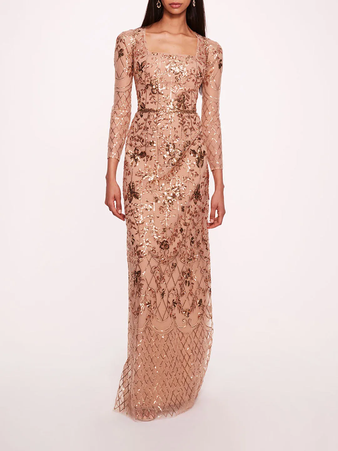 Sequin Lattice Sleeved Gown sold by Marchesa