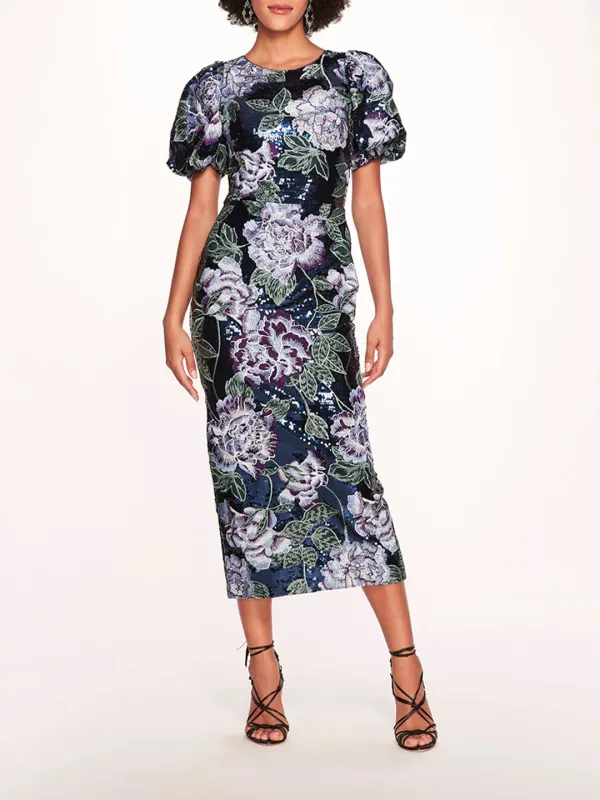 Bubble Sleeve Sequin Midi Dress made by Marchesa