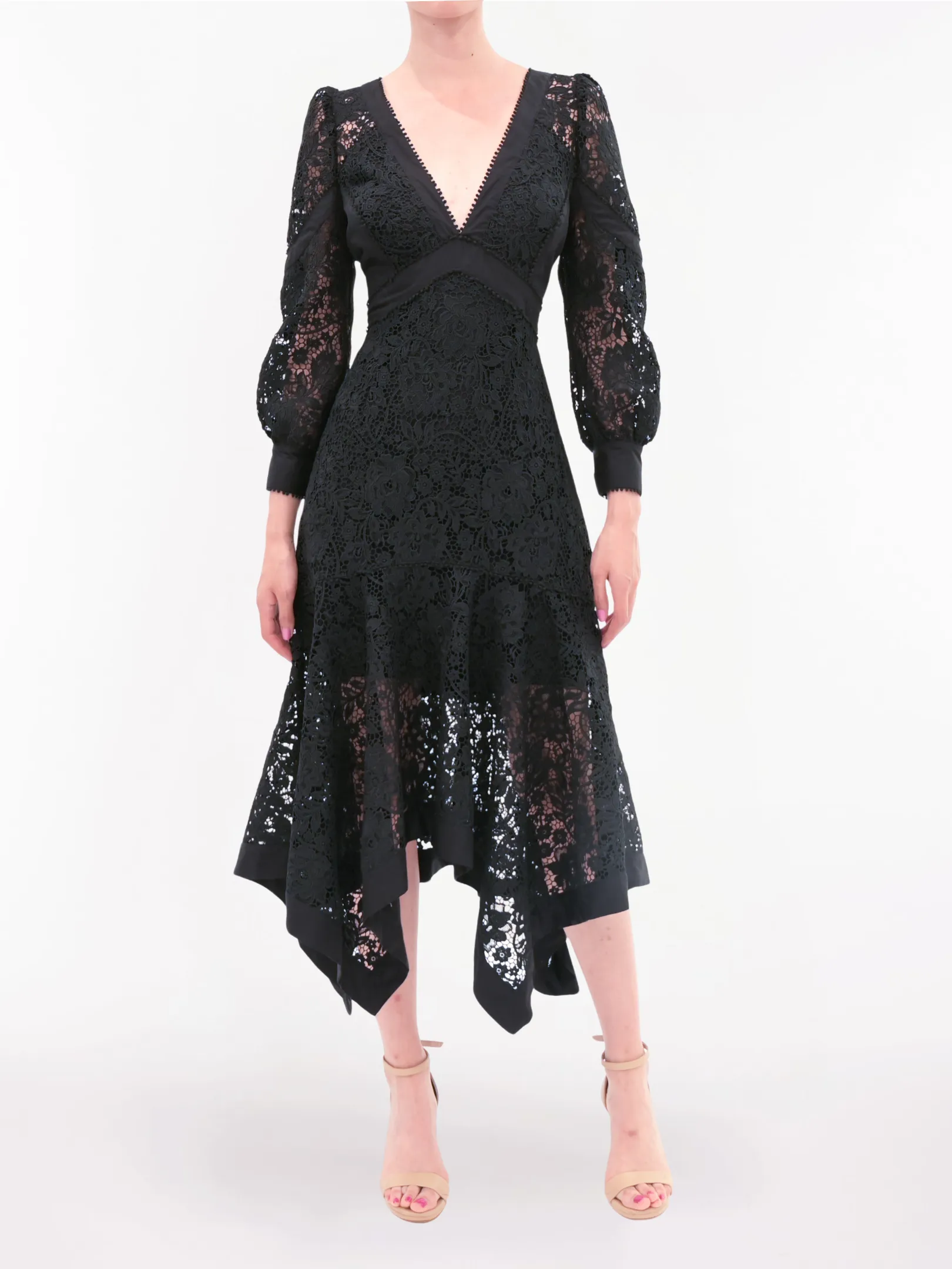 Lace Guipure Handkerchief Midi Dress sold by Marchesa