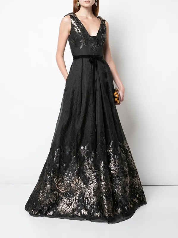 V-neck Metallic Fils Coupe Gown made by Marchesa