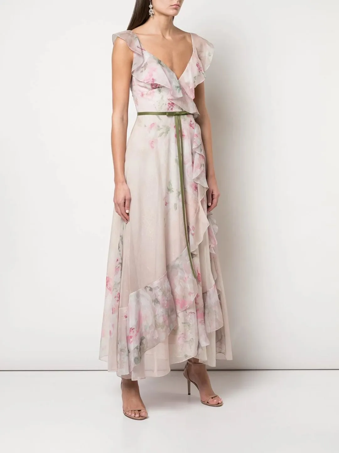 Print Chiffon Lace Ruffle Tea Length Midi Gown sold by Marchesa product image thumbnail 2