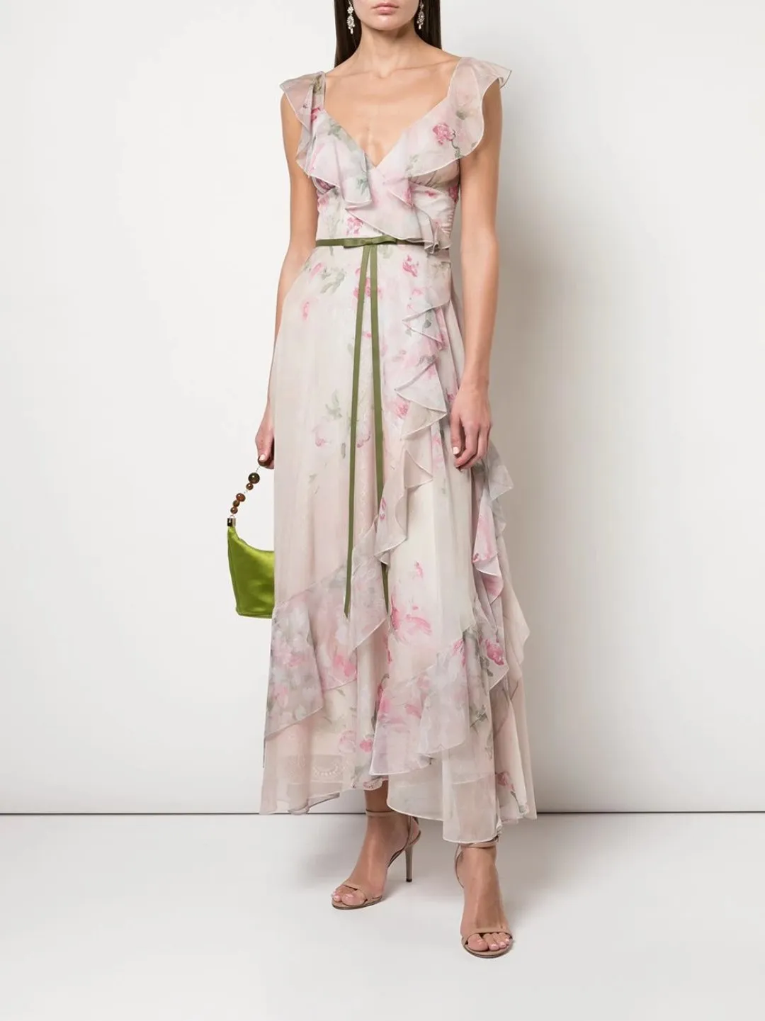 Print Chiffon Lace Ruffle Tea Length Midi Gown sold by Marchesa