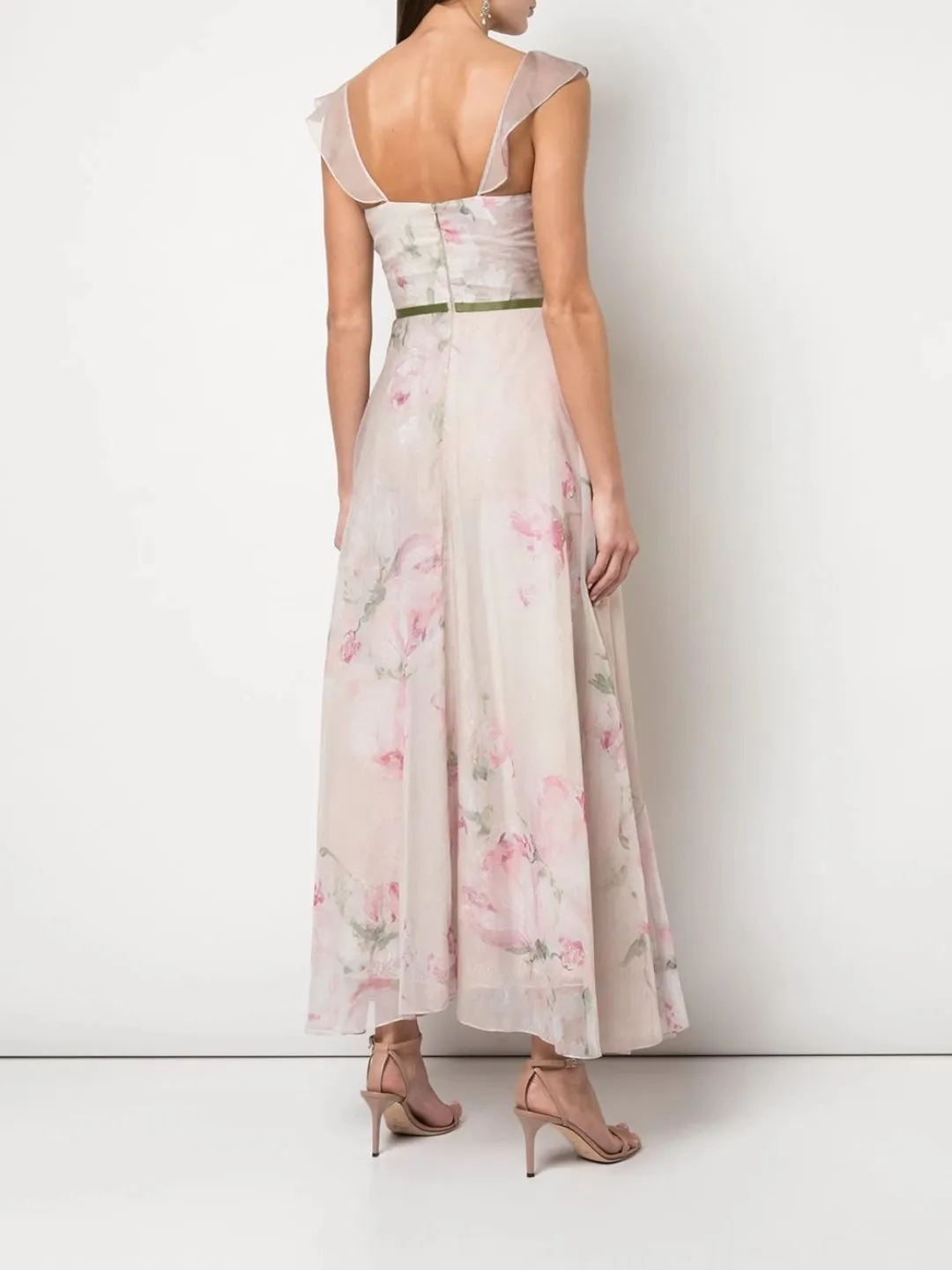 Print Chiffon Lace Ruffle Tea Length Midi Gown sold by Marchesa product image thumbnail 3