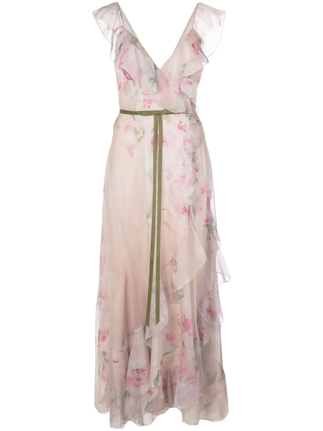 Print Chiffon Lace Ruffle Tea Length Midi Gown sold by Marchesa product image thumbnail 5