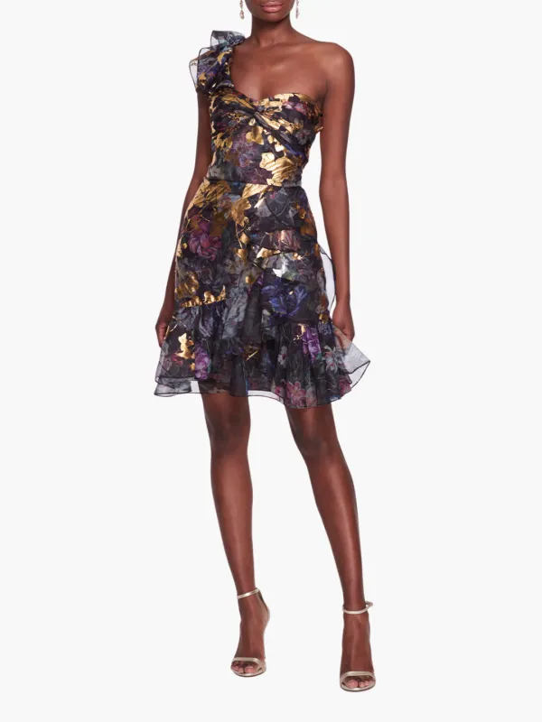 One Shoulder Foiled Cocktail Mini Dress made by Marchesa