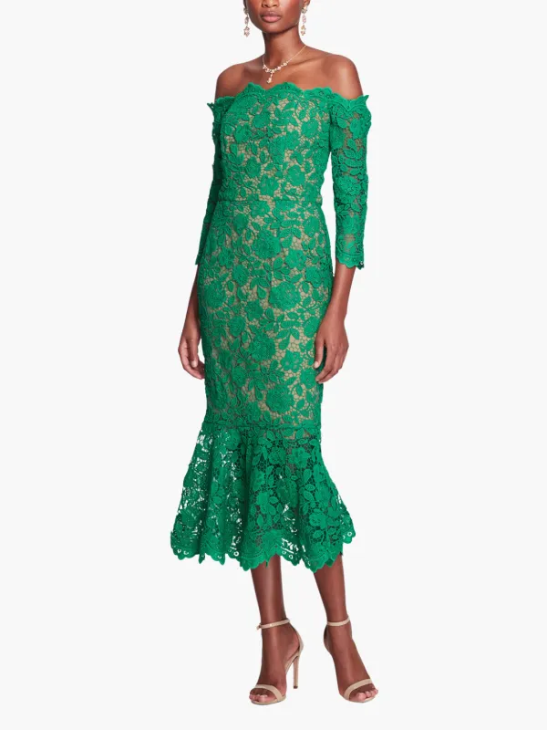 Off Shoulder Scalloped Emerald Lace Gown made by Marchesa