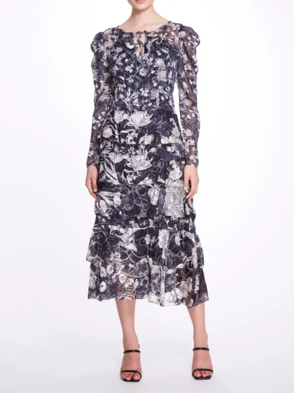 Long-Sleeved Tiered Ruffle Chiffon Midi Dress made by Marchesa