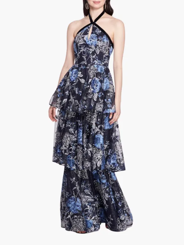 Halter Neck Three-Tiered Flower Tulle Gown made by Marchesa