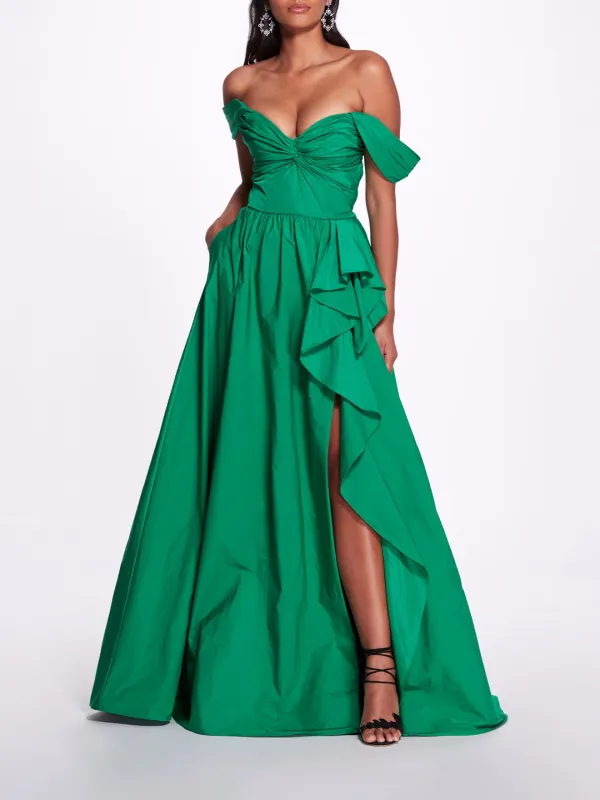 Taffeta Off Shoulder Side Slit Gown made by Marchesa