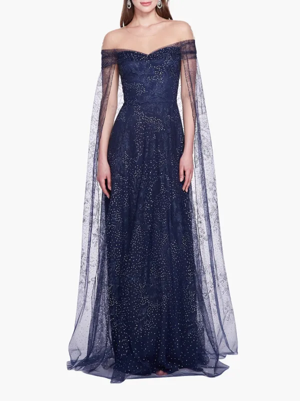 Off-Shoulder Glitter Cape Gown sold by Marchesa