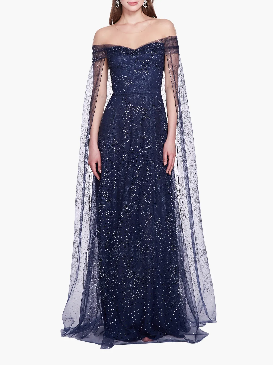 Off-Shoulder Glitter Cape Gown sold by Marchesa