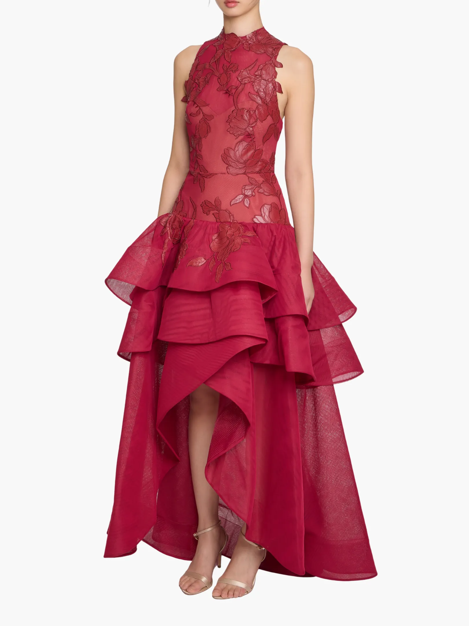 Leather Guipure High Neck Sleeveless Tiered Gown sold by Marchesa product image thumbnail 3