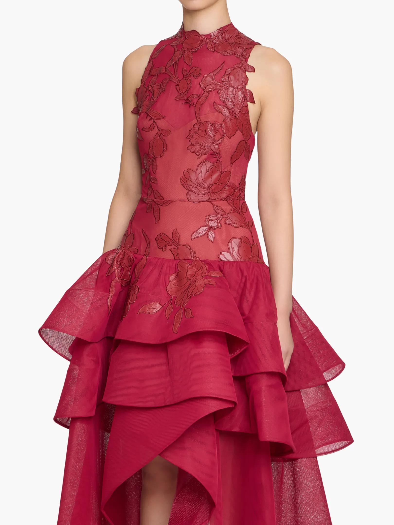 Leather Guipure High Neck Sleeveless Tiered Gown sold by Marchesa product image thumbnail 4