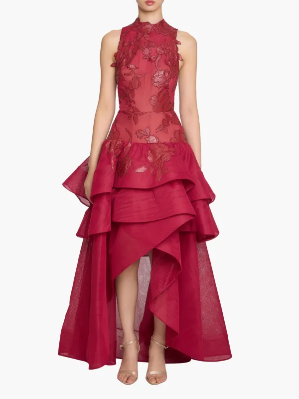 Leather Guipure High Neck Sleeveless Tiered Gown made by Marchesa