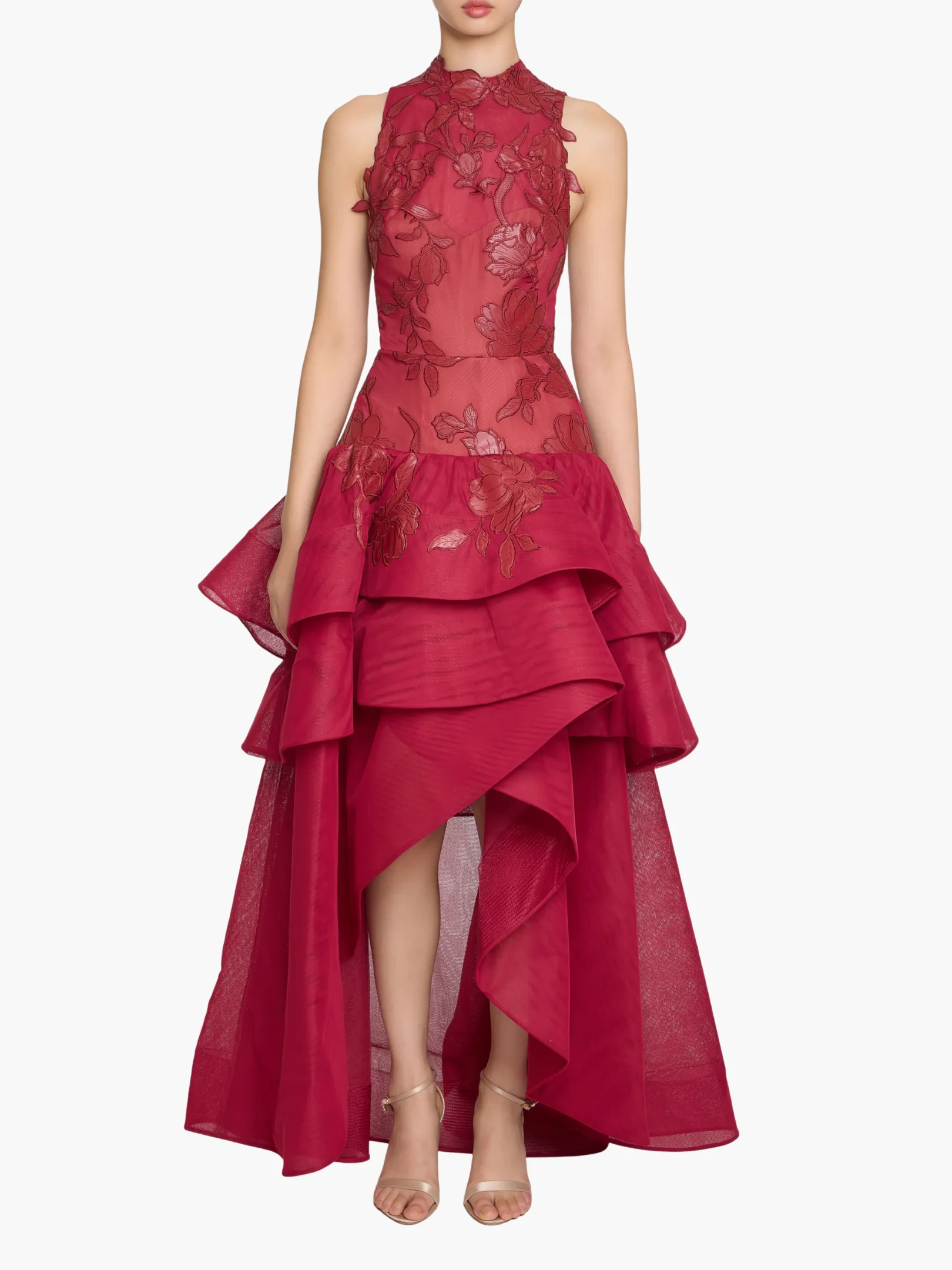 Leather Guipure High Neck Sleeveless Tiered Gown sold by Marchesa