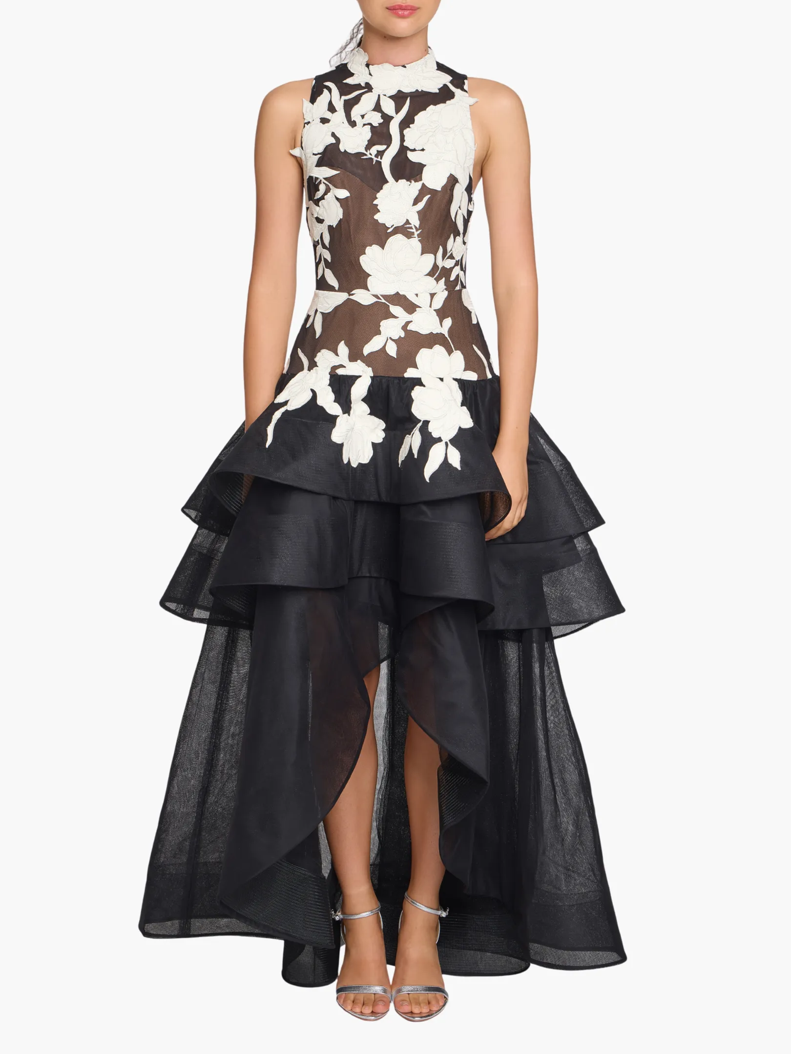 Leather Guipure High Neck Sleeveless Tiered Gown sold by Marchesa