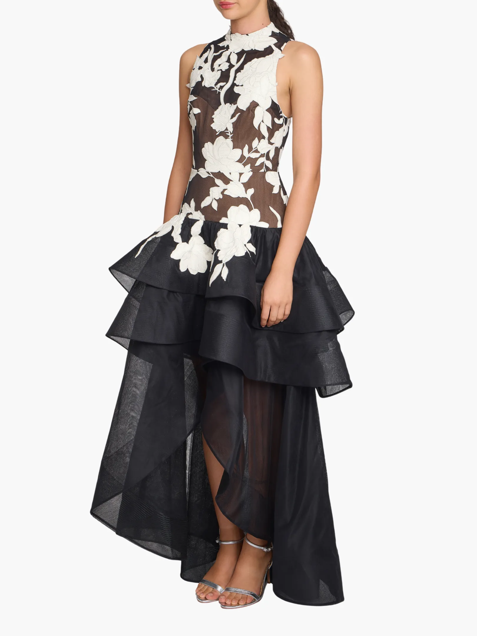 Leather Guipure High Neck Sleeveless Tiered Gown sold by Marchesa product image thumbnail 3